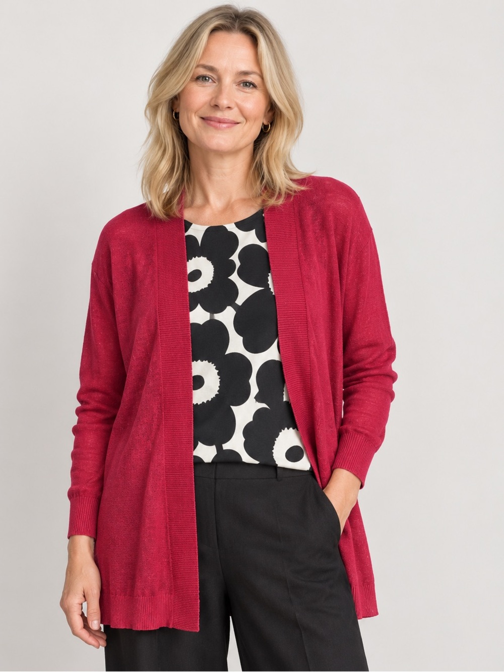 Marimekko Tonni Pink Linen Viscose Open Front Cardigan Sweater Medium